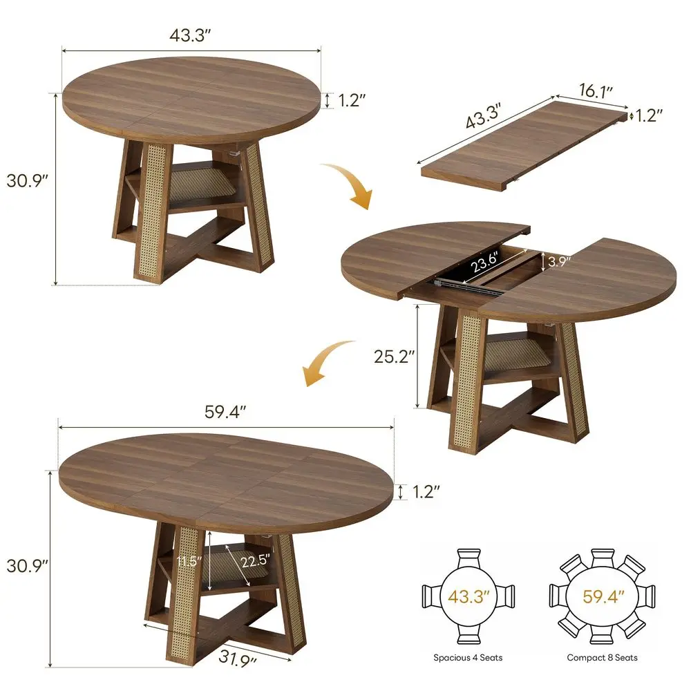 

4359 Extendable Round Dining Table for 48, Transformer Oval Dining Room Table with Removable Leaves Space Saving, Wood Base Kit