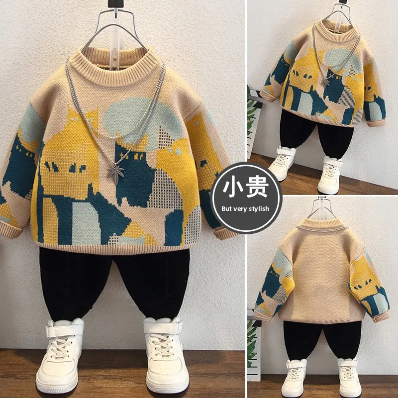 

Children's Autumn Winter Cartoon Knitted Sweater Casual Versatile Base Layer irt for Boys And Girls Warm Cotton Blend