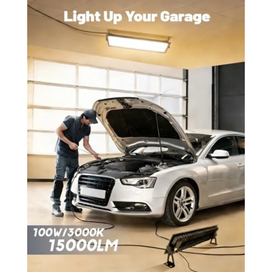 Pack Linkable LED Shop Lights, Ultra Bright 00W 5000LM Aluminum Plug in Garage Light w/ 9.8ft Power Cord, Work Light Bay Lighti