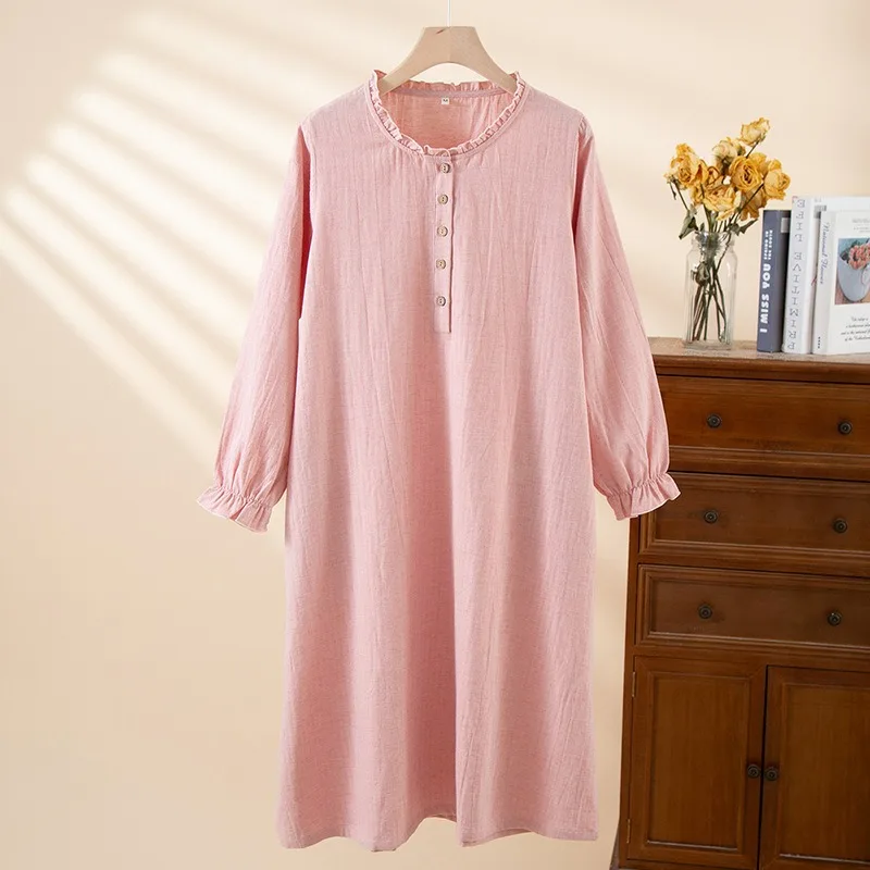 2025 Simple Cotton and Linen Nightdress Women's Spring and Summer Thin Dress Round Neck Long Sleeve Pullover Long Nightgowns