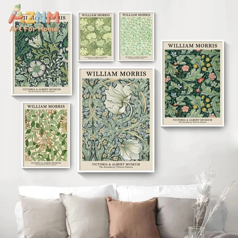 AZNM William Morris Retro Canvas Wall Art Vintage Botanical Flower Leaf Print Painting for Living Room Bedroom Home Decor Unfram