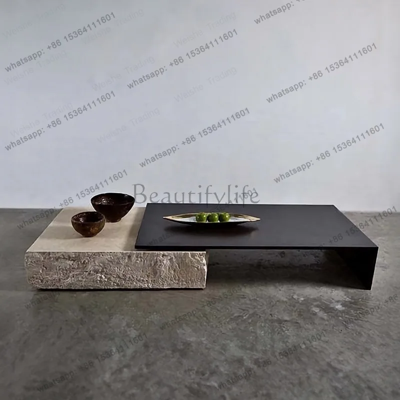 Modern simple wabi sand wind travertine coffee table Italian light luxury designer glass short table creative square combination