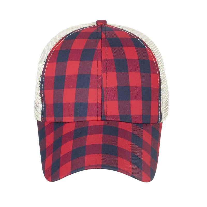 Women's New Spring/Summer Plaid Cross Elastic Mesh Ponytail Baseball Cap Duckbill Cap Sun HatB794