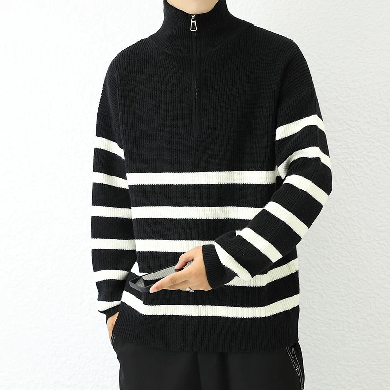 

Мужской утепленный вязаный свитер с высоким воротником на молнии, осенне-зимняя новинка, теплая базовая одежда в полоску