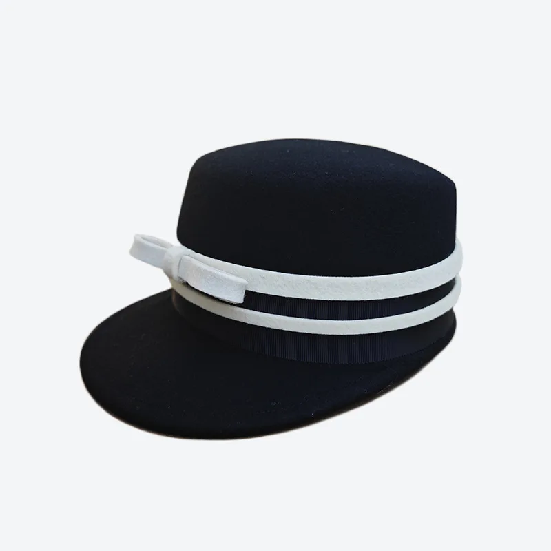 New Woolen Equestrian Hat, Casual and Versatile, Color-Blocked Bow-Knot Peaked Cap, Japanese-Style Short-Brim Fashion Hat