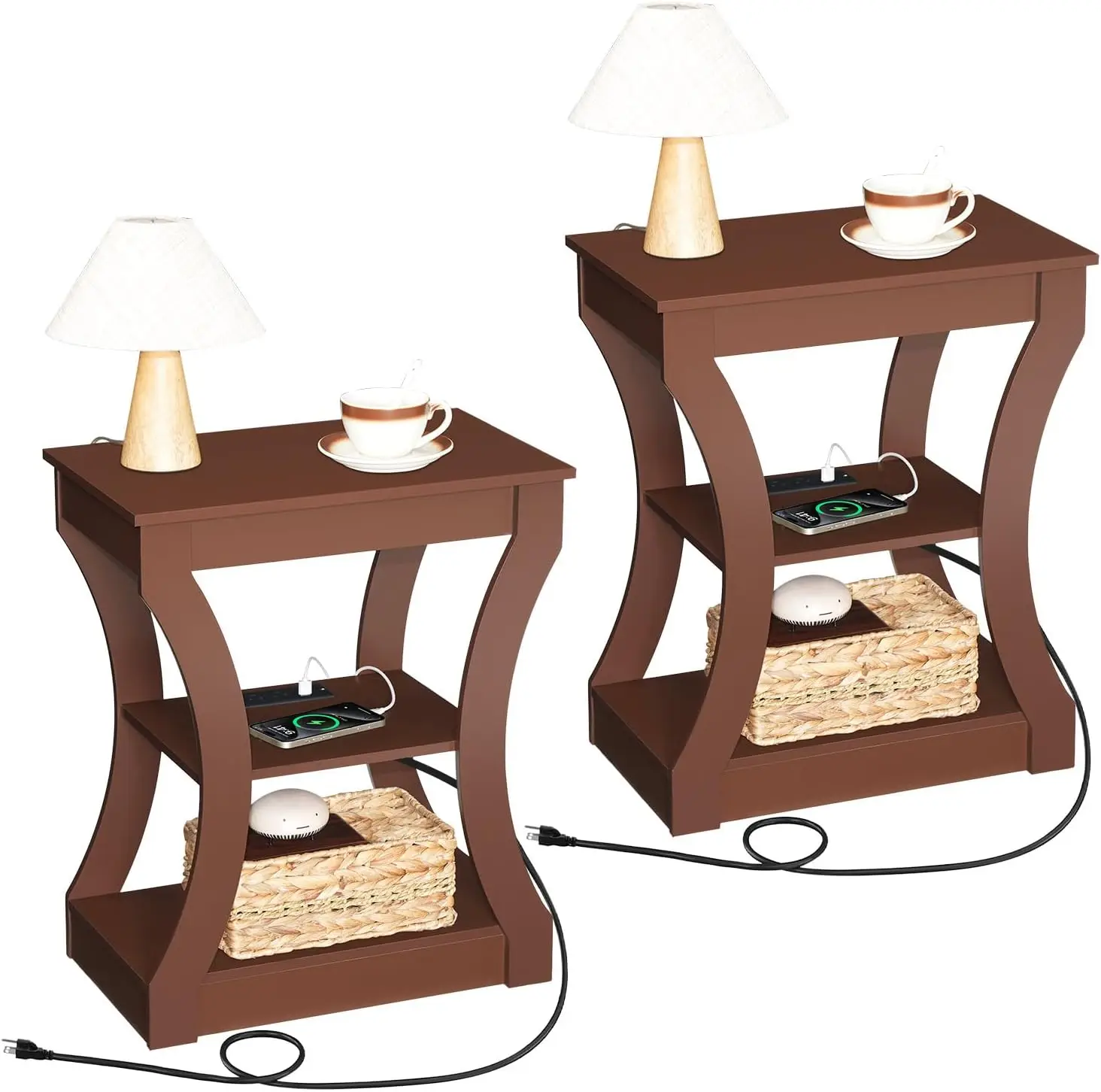 

End Table set of 2 with Charging Station, Side Table with USB Ports and Outlets, Nightstand, 3 Tier Bedside Table with Storag