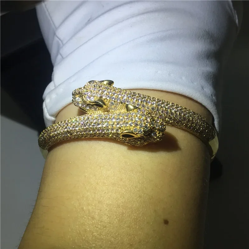 14K Gold Leopard Head Micro Pave Lab Diamond Bangle Party Engagement Bangles Bracelets for Women Men Wedding Accessaries