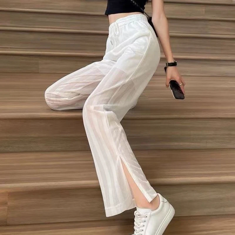 Womens Pants with Slits Clothing White Transparent Straight Leg Trousers for Women Y2k Streetwear Aesthetic Summer Autumn Casual