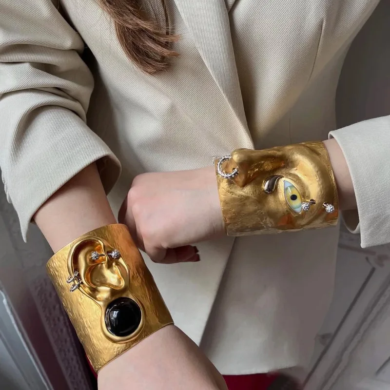 

Fashion Punk Wide Cuff Bracelet，Exaggerated Retro Ear Nose Face Bangle with Gem Accents, Luxury Statement Jewelry for Women