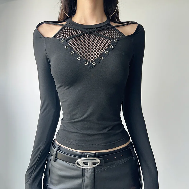 

Dark Irregular Grid Stitching Hollow Off-the-shoulder Long-sleeved T-shirt Sexy See-through Slim-fit Top