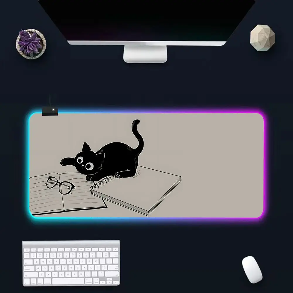 Alfombrilla de ratón con LED brillante para ordenador, alfombrilla de goma RGB para teclado de Gamer, gatos y cafés bonitos