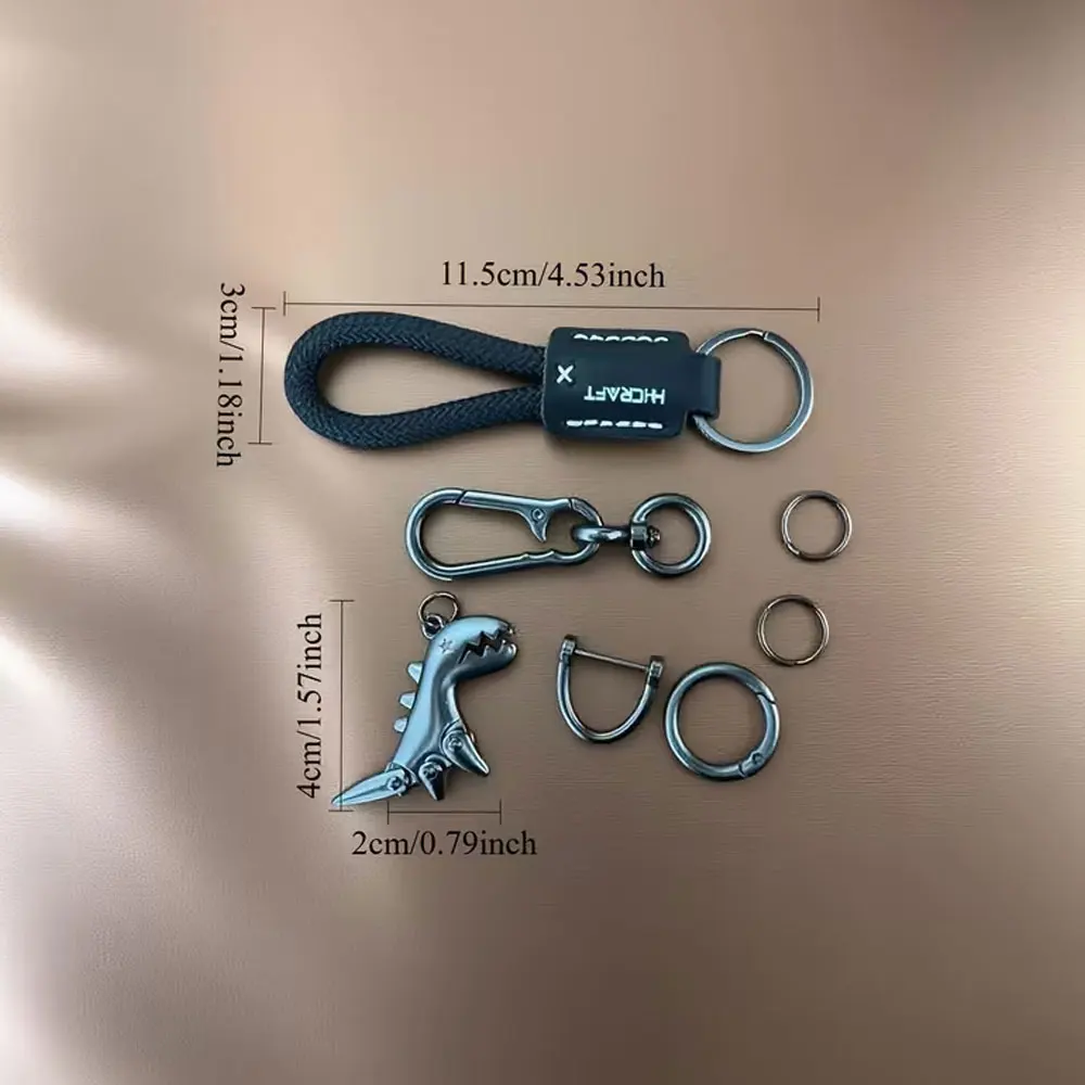 Cute Little Dinosaur Keychain, Leather Cord Key Ring, Aluminum Alloy Material, Matte Finish, Includes an S-Hook + D-Ring + 2 Small Rings, Perfect for Car Keychains, Backpack Pendants, and More Than 7 Different Scenarios