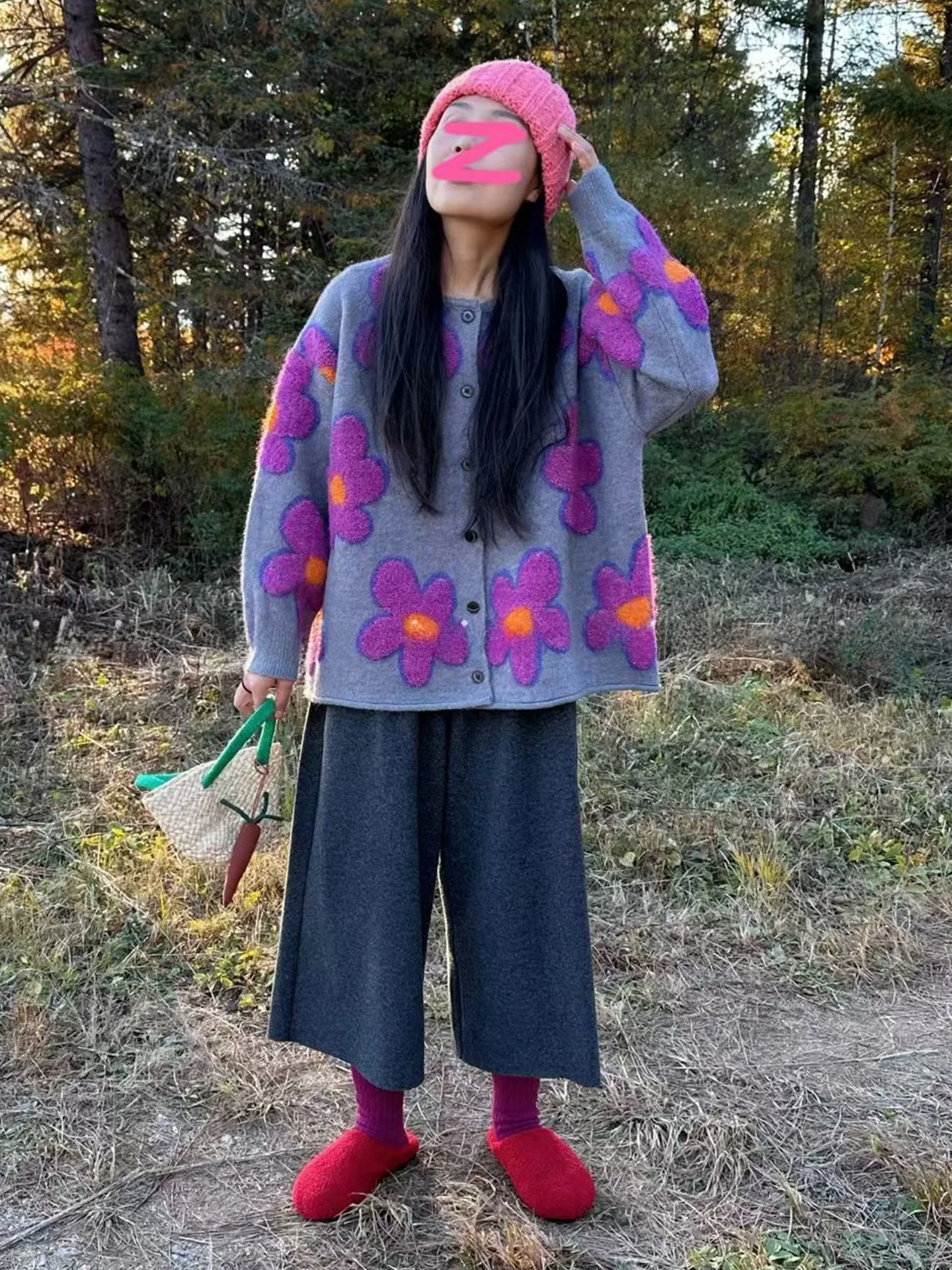 

Autumn Winter Knitted Open Cardigan Jaet plus Size Women's Loose Fit Long Sve Pink ey Large Flower Patterned Outerwear