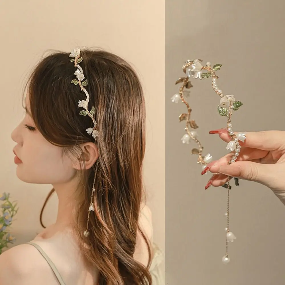 

Korean Alloy Pearl Flower Headband Beads Tassel Wave Hair Band Woman Hair Accessories