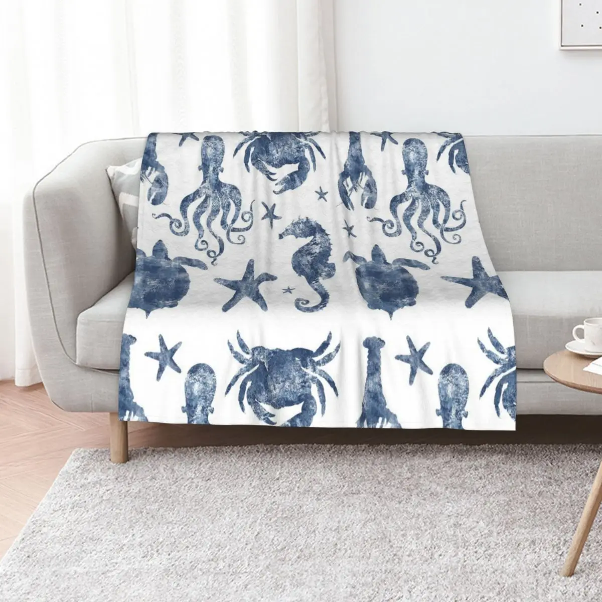 Nautical Marine Life, sea star, seahorse, turtle, octopus, coastal beach Throw Blanket Soft Plush Blanket as Housewarming Gift