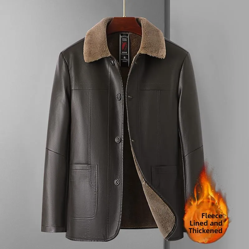 

Мужская зимняя утепленная кожаная куртка с флисовой подкладкой, повседневная, деловая, с воротником-стойкой, с меховой отделкой, прямого кроя