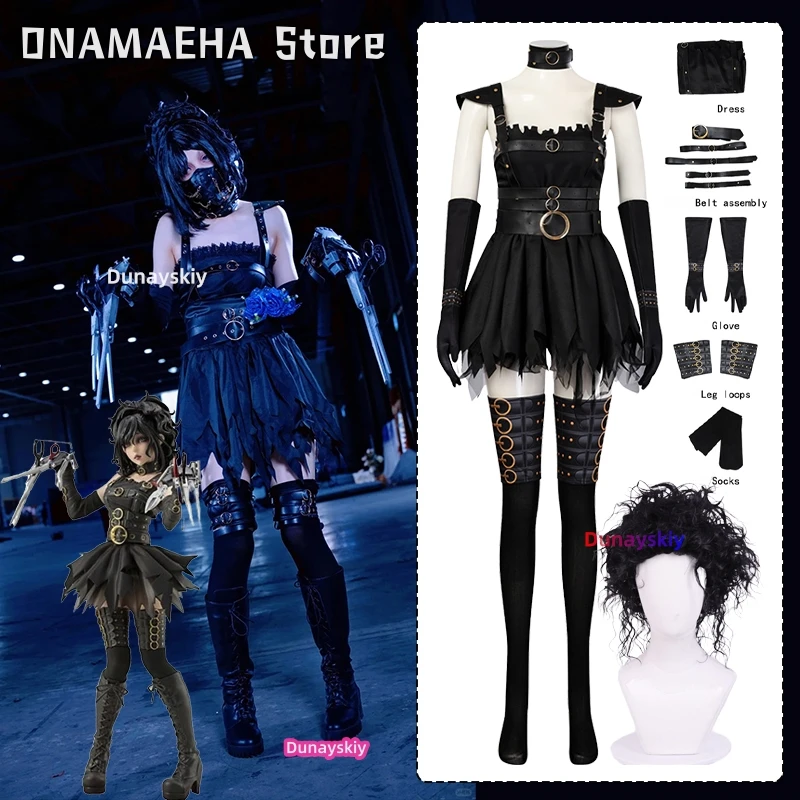 

Женский костюм для косплея из фильма Эдварда, платье Лолиты, черный женский костюм, комплект парика, аниме, костюм для вечеринки на Хэллоуин, ролевая игра, XS-3XL