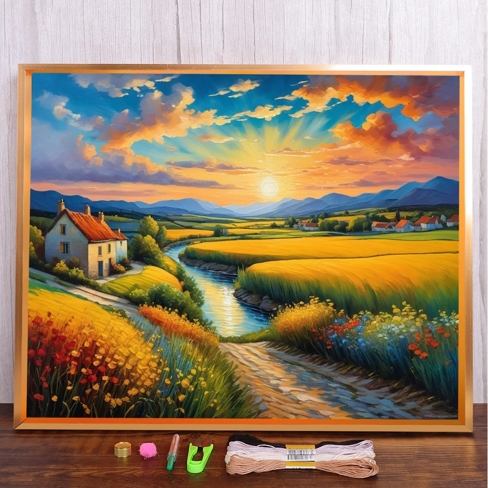 

Landscape Countryside Sunset Printed Canvas Cross Stitch DIY Embroidery Kit Handiwork Sewing Handmade Hobby Floss Needle Jewelry