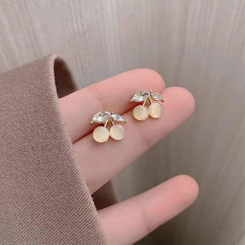 S925 Sterling Silver Cat's Eye Cherry Earrings - Hypoallergenic Studs, Designer Luxury Aesthetic Jewelry for Women