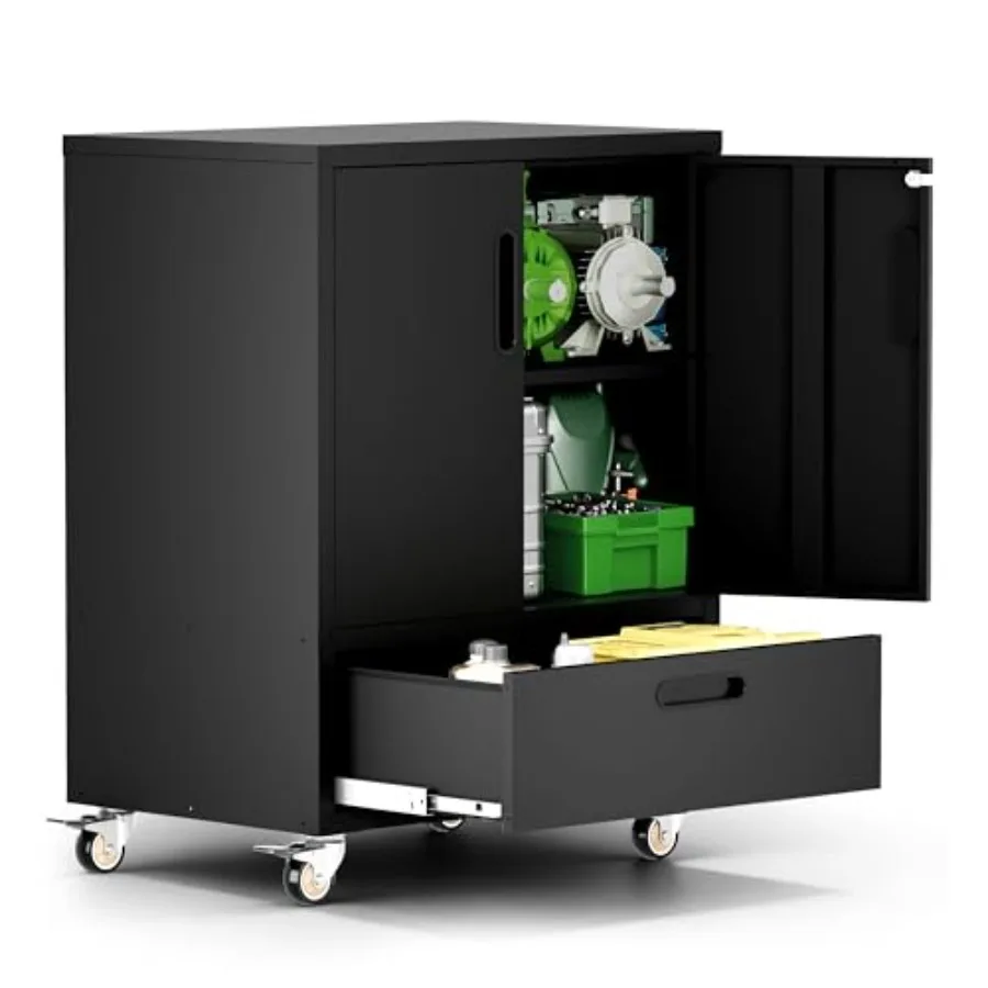 Garage Cabinets, Metal Garage Storage Cabinet with Wheels, Lockable Rolling Tool Cabinet with Drawer and Adjustable Shelves, He