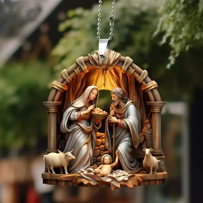 

2D Christmas Tree Jesus Pendant Ornament Family Prayer Scene Pendant Bright Colored Car Decoration Pendant Home Decorations