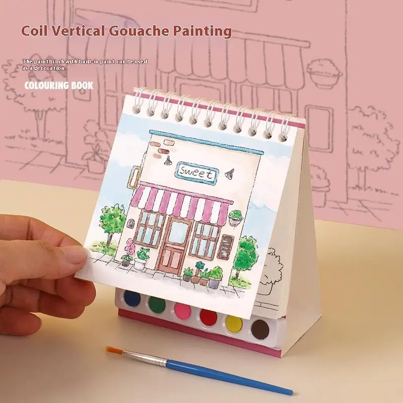 1 Set DIY Watercolor Graffiti Book Desktop Ornament Coil Vertical Watercolor Painting With Built-in Paint Coloring Picture Book