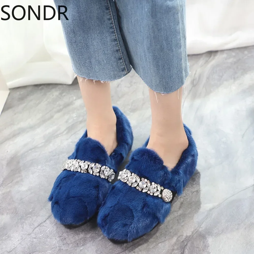 Womens Real Mink Fur Loafers Rhinestones Crystal Furry Rainbow Colors Flats Shoes Round Toe Flats 8Colors  New 2024