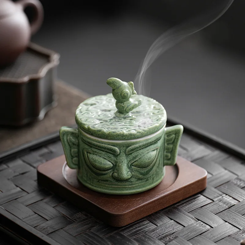 Sanxingdui Style Retro Ceramic Cultural Creative Incense Burner Figurine Set Vertical Eye Mask Divine Official Insence Holder