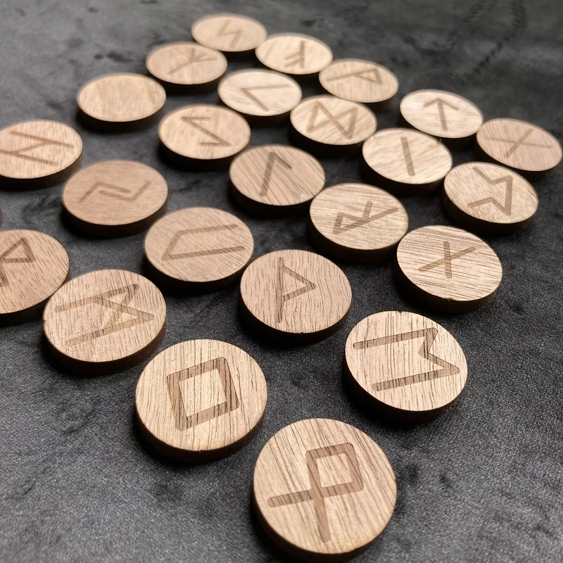 25Pcs Natural Wood Walnut Runes Stones Wooden Mysticism supplies for Divination Rune Kit  Round Altar Occultism Props Pendant