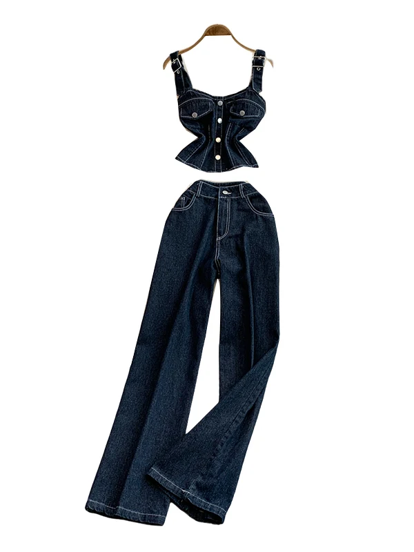 

American Sle Women's Summer Slimming Sexy Svel Denim Strap Vest High Waist Wide Leg Pants Two-Piece Set Faionable