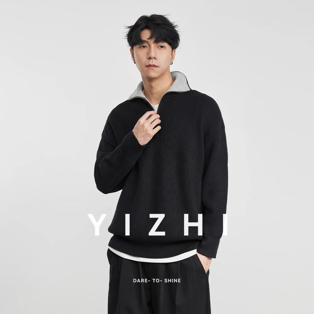 

Fashion Men's Color Block Zipper Half-Open Collar Sweater 2025 Autumn Winter New Pullover Loose Casual Knitwear