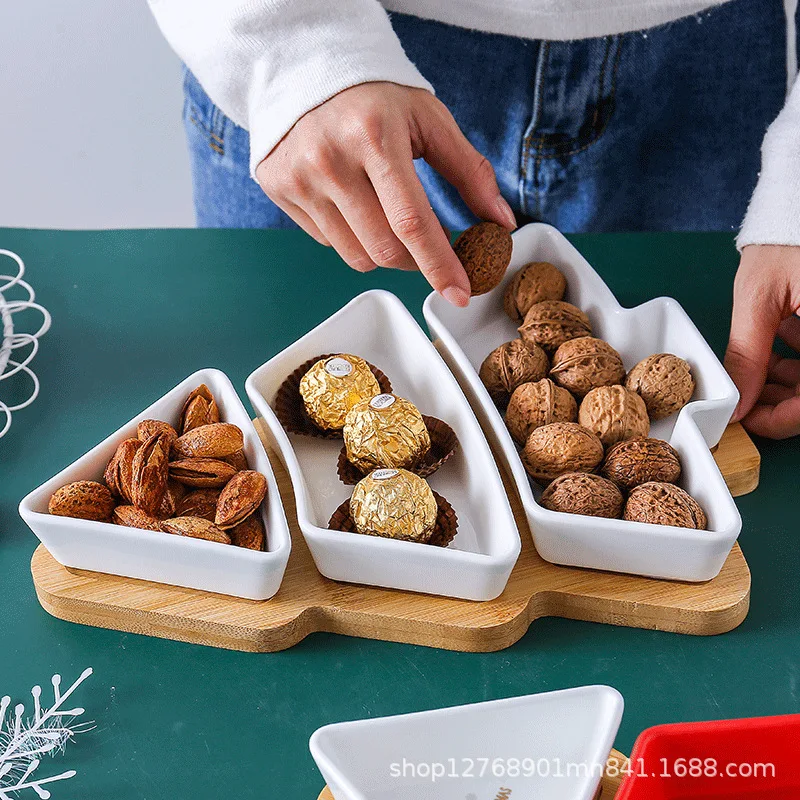 Creative Christmas Tree Ceramic Snack  with Bamboo  Christmas Tree Shape Inventory Heart Fruit Plate Candy Plate