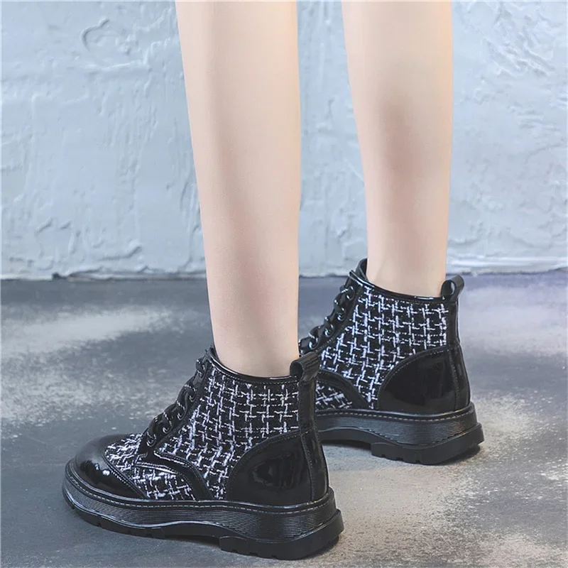 2023 Fashion New Ankle Boots Casual Black Plaid Women's Shoes Sexy Round Toe Female Footwear Botas Zapatos Mujer Big Size 44