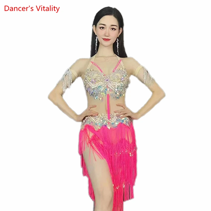 Belly Dance Costume Set for Women Senior Sequins Bra+tassel Short Skirt 2pcs Customzied Oriental Dance Clothing Exotic Dancewear