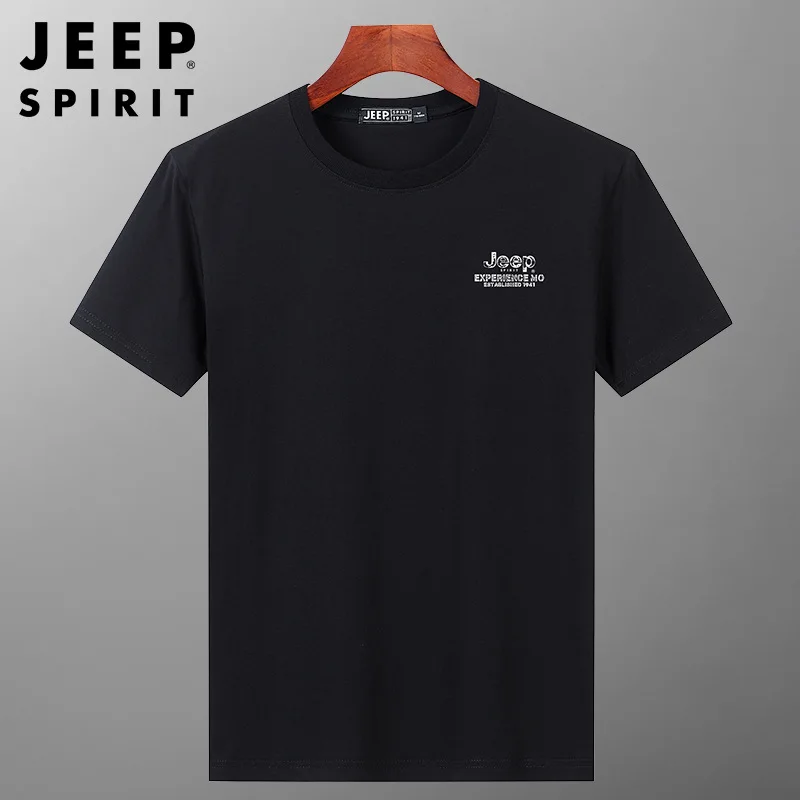 JEEP SPIRIT Summer Cotton Brand Print T-shirt Men Casual Sports Breathable Round Neck Top Mens Loose Simple Solid Short Sleeve