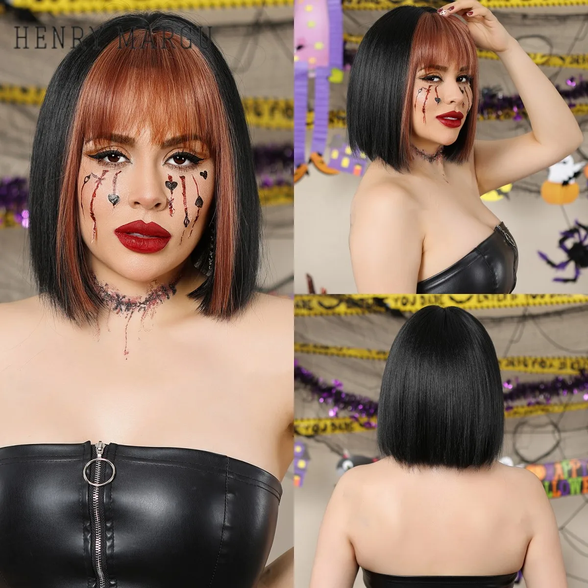 

HENRY MARGU Short Bob Wigs Black with Orange Highlight Synthetic Natural Wigs Straight for Women with Bangs Daily Lolita Wigs