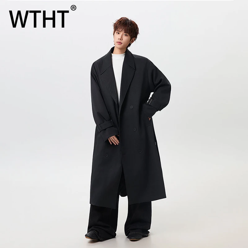 

Модные мужские свободные ветровки WTHT с однотонной расцветкой, длинные, на весну 2026, с отложным воротником, двубортные пальто, модель 2A2735