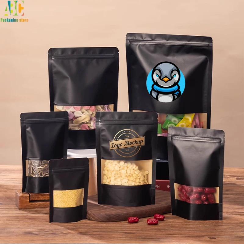 Black Kraft Paper Standing Bags with Window Zipper, Customize Print Logo for Nut Tea Coffee Snack Gift Packaging Pouch