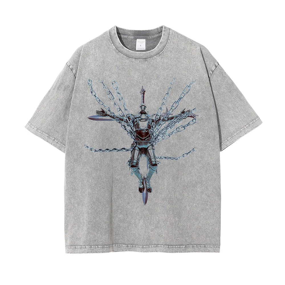 Print Vintage Washed Retro T-shirt For Men Oversized Y2k Punk Short Sleeve Goth Tees Women T Shirts Streetwear Cotton Tops