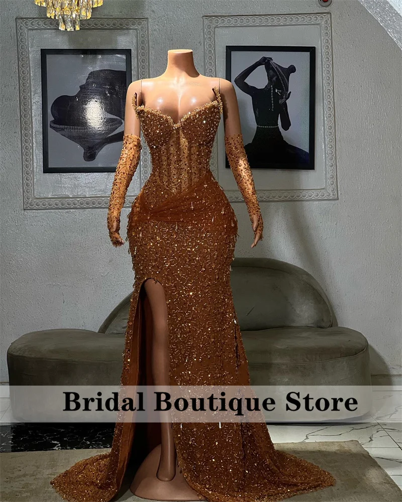 Sexy Sparkly Gold Prom Dress Sweetheart With Sleeves Side Split Beading Crystals Birthday Party Evening Gowns Wedding Customized