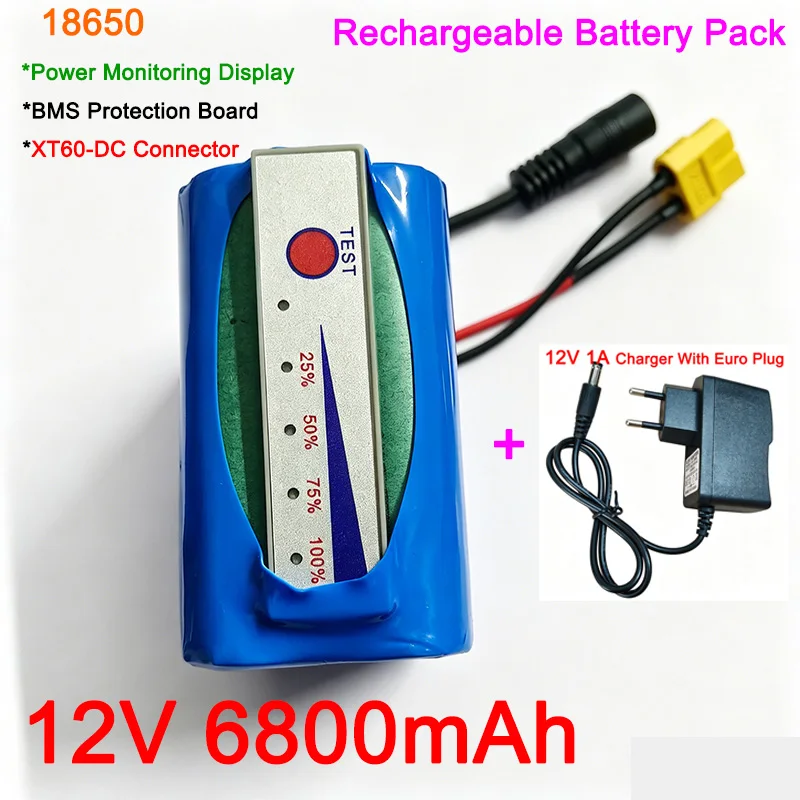 12V 6800mAh 3S2P 18650 Lithium-ion Battery Pack Rechargeable With Power Monitoring Display & BMS Protection EU Charger XT60 DC