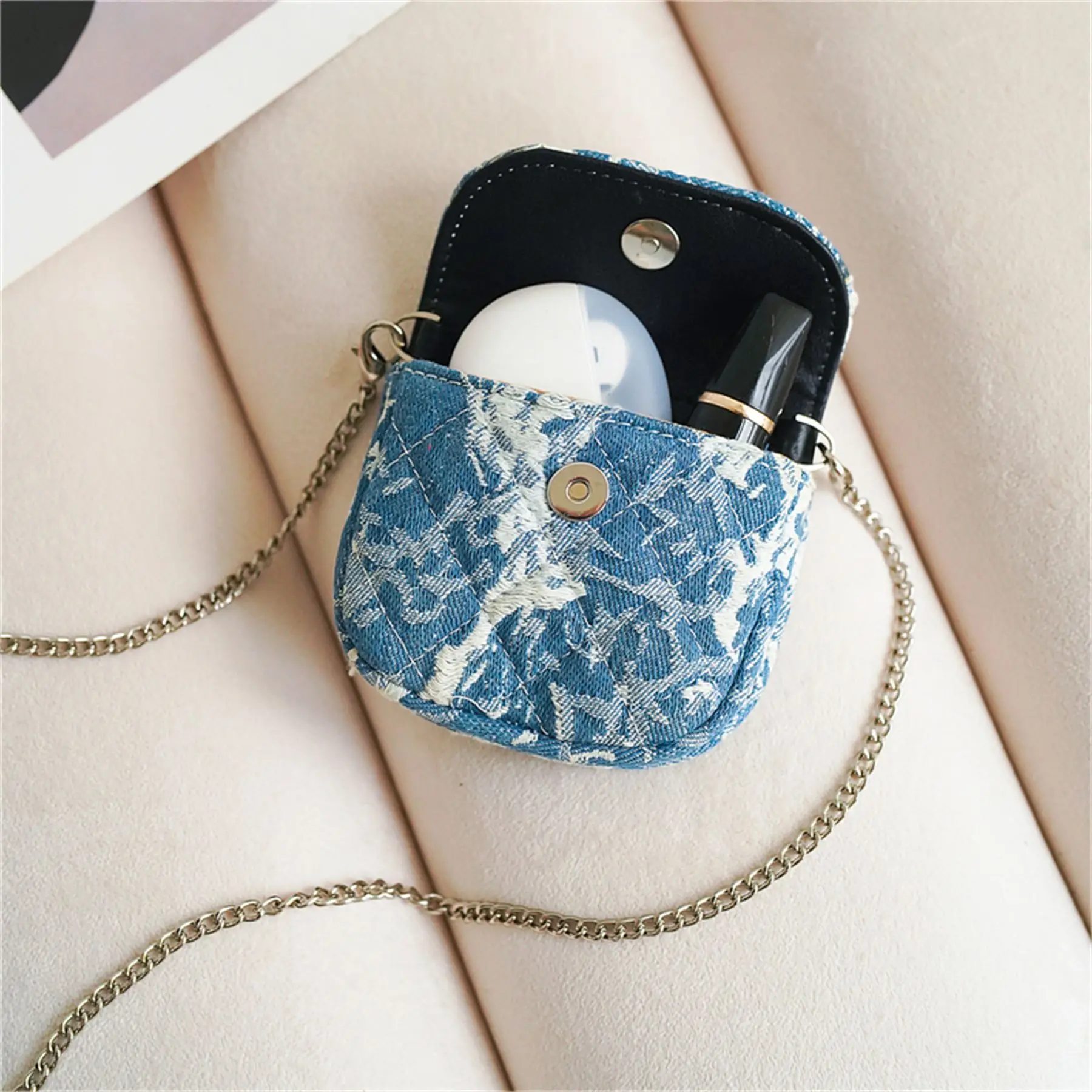 محفظة عملات معدنية باللون الأزرق من الدنيم، حقيبة مكياج نسائية، غطاء قلاب بإبزيم، حافظة هاتف كروس متعددة الاستخدامات بكتف واحد