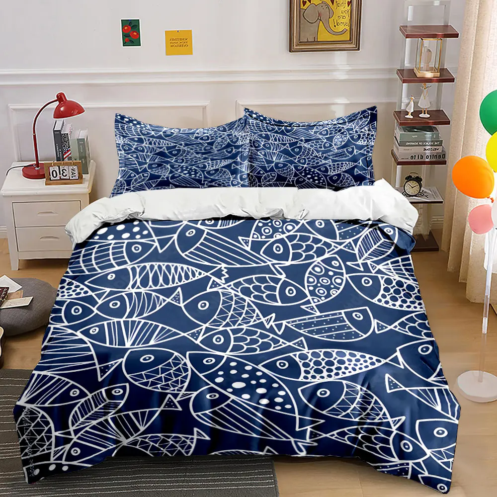 

White line fish pattern, dark blue background Duvet Cover Set 1 Duvet Cover+2 Pillowcase Multi Size Bedroom Bedding Decor