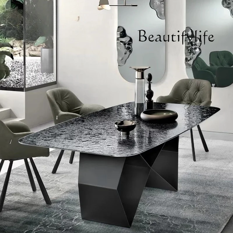 N45 n luz italiana luxo quente derreter água corrugada mesa de jantar villa vidro temperado mesa retangular aço inoxidável