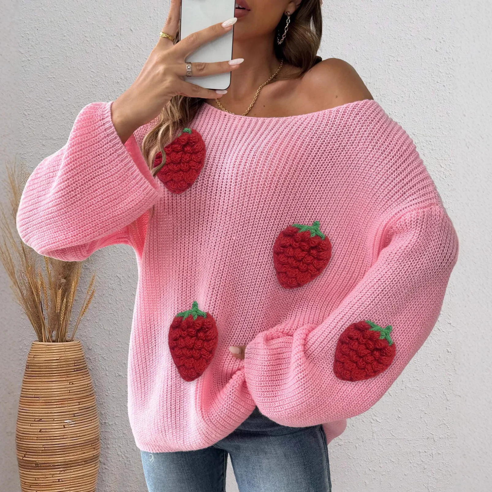 

Women's pullover sweater, women's strawberry three-dimensional splicing loose one neck off shoulder flared sleeve sweater
