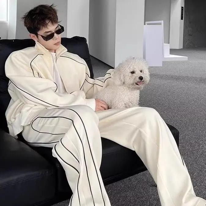 

All-match casual suit autumn and winter new trendy brand design stand collar loose jacket wide-leg pants two-piece set
