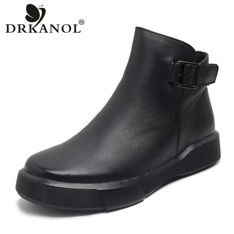 DRKANOL Women Genuine Leather Boots 2024 New Genuine Leather Side Zipper Round Toe Autumn Winter Warm Shoes Flat Ankle Boots