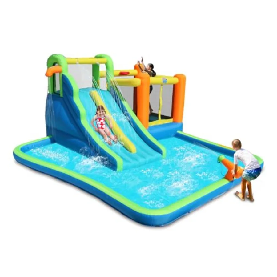 Wasserrutsche, 7-in-1 aufblasbares Hüpfhaus mit großem Pool, extra Hüpfbereich mit Basketballkorb, großer Hüpffläche 64x62 i