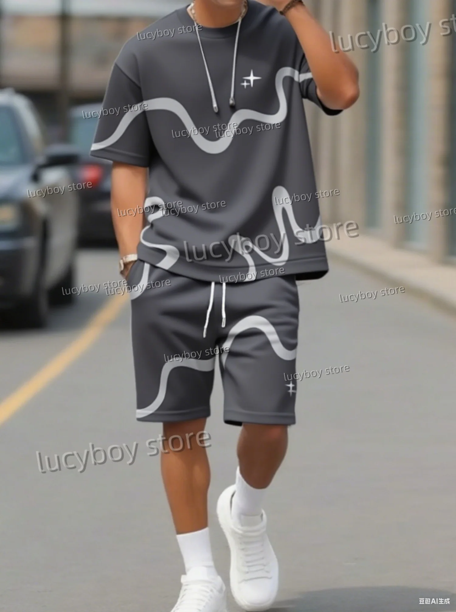 2025 Summer Men 3D digital wave  Print Set Short Sleeve T-Shirt Shorts Set Adult Sport Jogging Plus Size Tracksuit 2 Piece Set