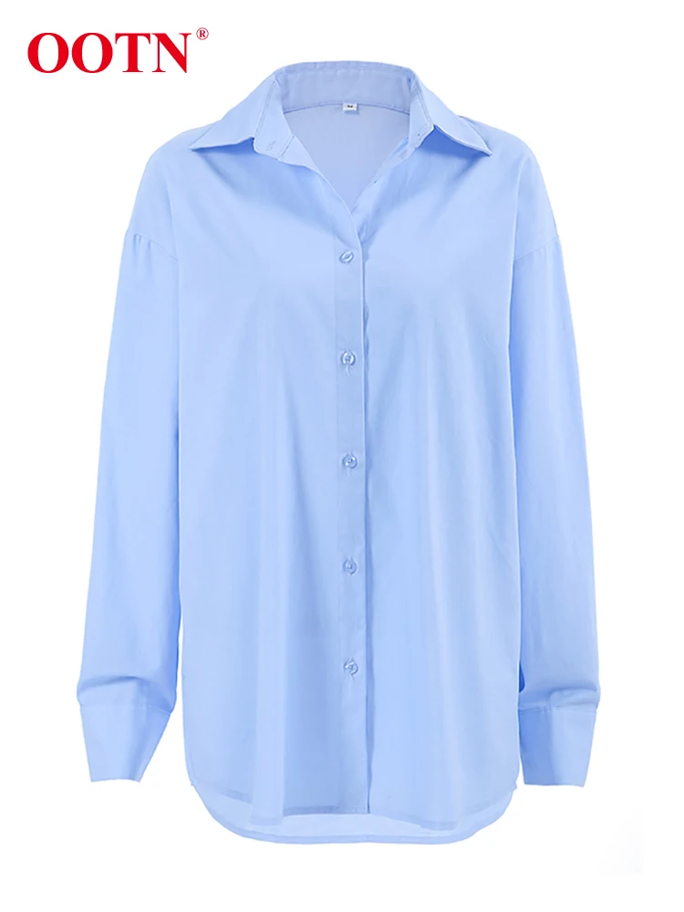 OOTN-camisa elegante de lino y algodón para mujer, Blusa de manga larga con botones y cuello vuelto, color azul, para oficina, Otoño, 2024